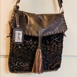 DARK BROWN LEATHER / FAUX FUR SQUARE SATCHEL BAG